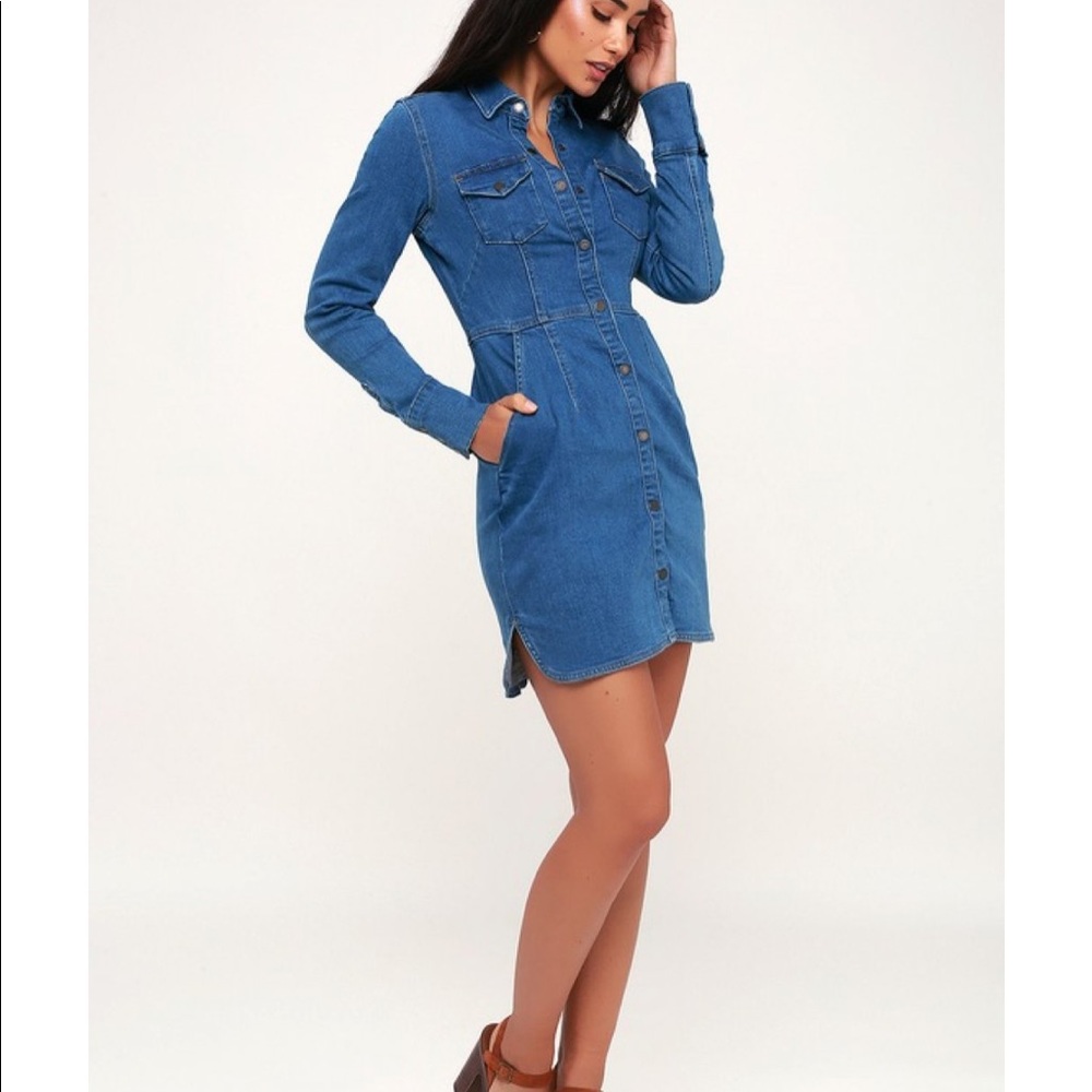 Free People Denim Medium Wash Long Sleeve Dress